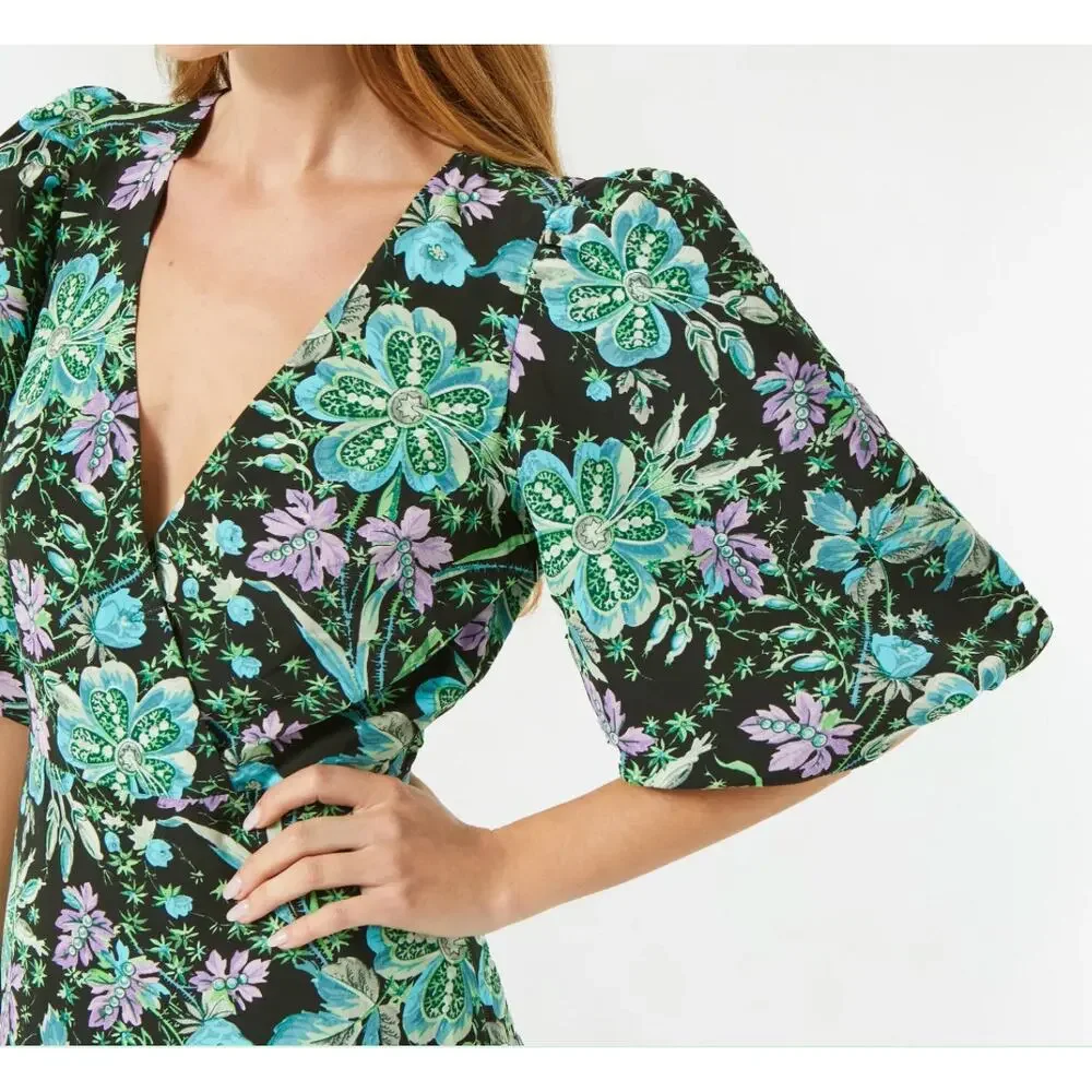 Rhode V Neck Floral Ina Midi Dress Hibiscus Women Size 4 New Bubble Short Sleeve